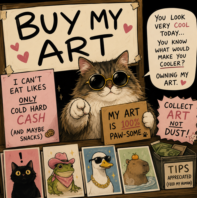 An illustration of a fluffy cat wearing sunglasses holding a 'BUY MY ART' sign, surrounded by other humorous cat art prints and text like 'I CAN'T EAT LIKES ONLY COLD HARD CASH'.
