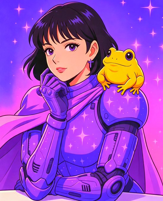 A digital anime-style illustration of a woman with short dark purple hair wearing purple futuristic armor and a cape, with a large yellow frog sitting on her left shoulder, against a purple starry background.