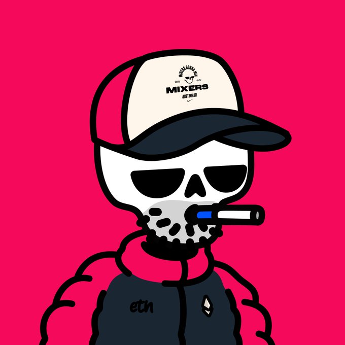A cartoon skull mascot wearing a 'MIXERS JUST DO IT' trucker cap, sunglasses, with a vape pen in its mouth and an 'eth' logo on its black jacket against a bright pink background.