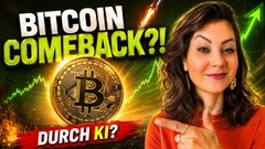 A woman points toward a golden Bitcoin coin against a financial chart background, with bold text reading "BITCOIN COMEBACK?!" and "DURCH KI?" (Through AI?). The image visually supports the post's theme of Bitcoin's potential resurgence as a payment method through AI technology, rather than being displaced by stablecoins.