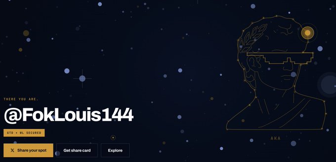 A dark digital interface titled '@FokLouis144' features a constellation-style line drawing of a person wearing pixelated sunglasses on the right, with options like 'Share your spot' and 'Get share card' below.