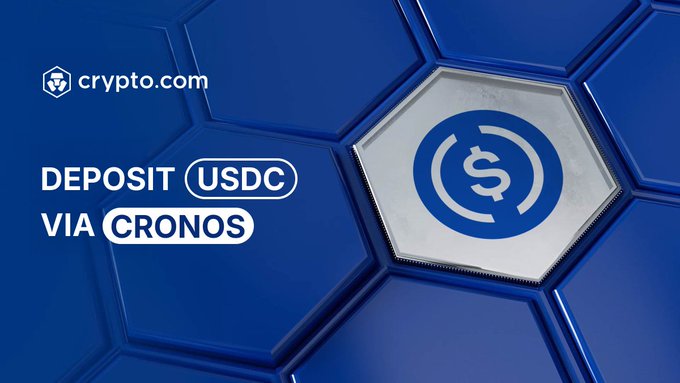 The image is a promotional graphic with a blue hexagonal background featuring the Crypto.com logo in the top-left corner, text reading "DEPOSIT USDC VIA CRONOS" on the left, and a large USDC (USD Coin) emblem on the right, visually announcing the new feature of native USDC deposits and withdrawals via the Cronos network on the Crypto.com app.