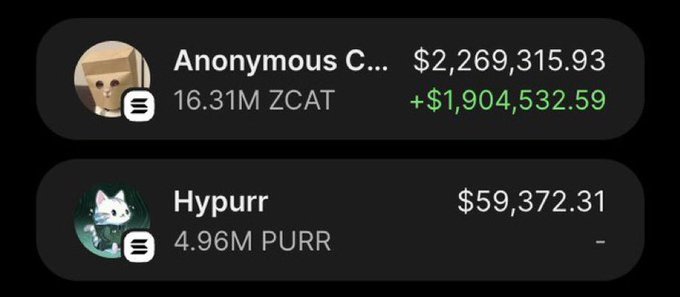 The image displays two crypto wallet/portfolio entries: "Anonymous C..." showing $2,269,315.93 from 16.31M ZCAT with a gain of +$1,904,532.59, and "Hypurr" showing $59,372.31 from 4.96M PURR. This visually supports the post's bragging about massive gains on $ZCAT ($2M) and $HYPURR ($50K), though the claim of "100% win rate" and "$8M on $PONS" appears exaggerated since the $PONS gains aren't reflected in the shown portfolio.