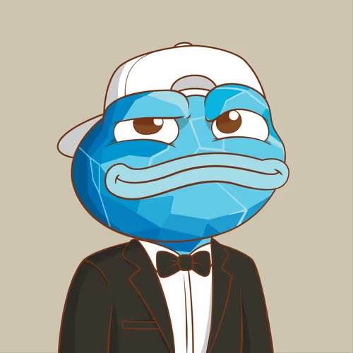 A cartoon illustration of a blue frog-like character wearing a white baseball cap, a black suit, and a bow tie against a beige background.