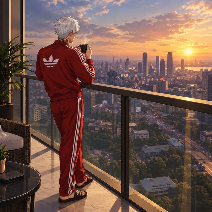 An anime-style illustration of a white-haired young man wearing a red Adidas tracksuit and sandals, standing on a balcony holding a warm drink while looking out over a vast cityscape at sunset.