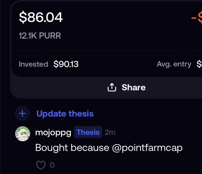 A cryptocurrency portfolio screenshot showing a holding of 12.1K PURR valued at $86.04 with an investment of $90.13, featuring a comment from user 'mojoppg' stating 'Bought because @pointfarmcap'.