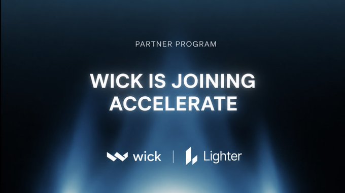A dark promotional graphic with text 'PARTNER PROGRAM' and 'WICK IS JOINING ACCELERATE', featuring the logos for Wick and Lighter.