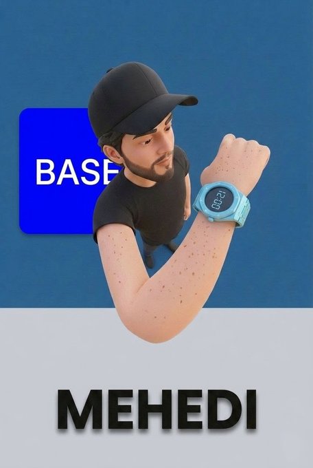 The image features a cartoon man wearing a black hat and shirt with his arm extended outwards. He has a watch on his wrist and appears to be checking the time, possibly looking at his phone or another device. The background of the image is blue, which contrasts with the man's attire. The caption below the image reads "Mehedi", suggesting that this could be an advertisement for a new app called "base".