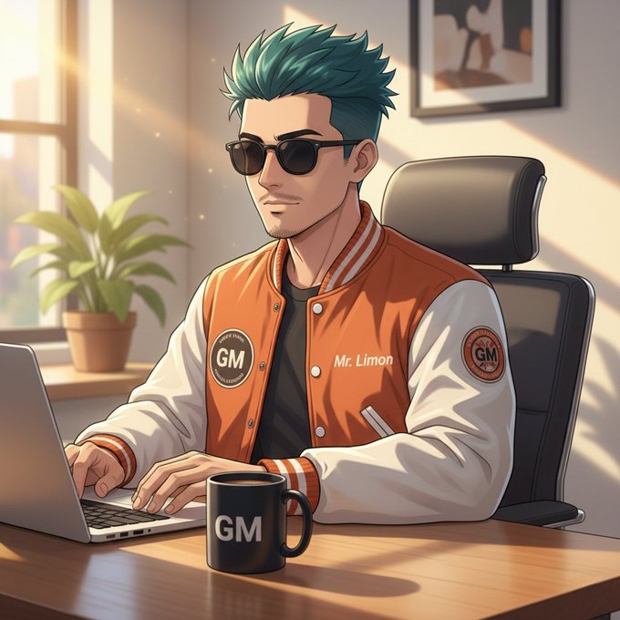 A confident character with teal hair and sunglasses, wearing an orange varsity jacket labeled "Mr. Limon" and "GM," works on a laptop beside a black "GM" mug in a sunlit office. The image pairs with the "Good morning Legends" message, visually reinforcing an inspiring, motivational start to the day.