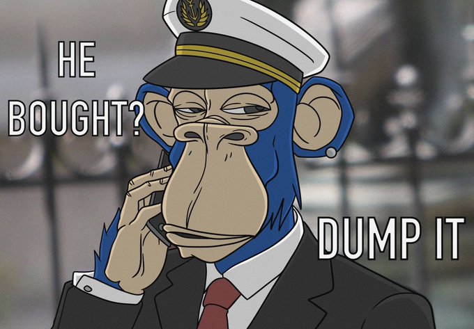 An animated monkey in a naval officer's cap and suit speaks on a phone with the text "HE BOUGHT? DUMP IT" overlaid, humorously reflecting the post's sentiment about being immediately sold off by others after buying a memecoin.