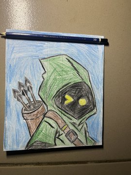 A child's colored pencil drawing of a green-hooded archer character with yellow glowing eyes and a quiver of arrows on its back, drawn on a notepad with a blue pencil resting on top.
