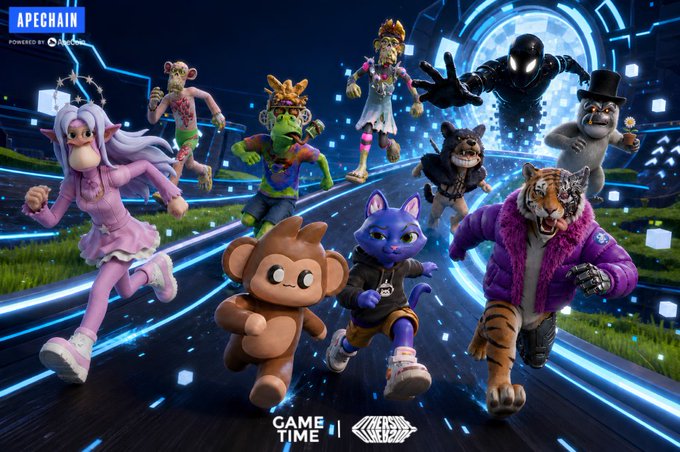 Promotional artwork for 'APECHAIN powered by Kaia' titled 'GAME TIME' featuring various 3D animated characters including a purple-haired girl, monkeys, cats, a tiger, and a dark robot figure in a neon-lit futuristic setting.