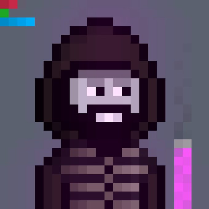 Pixel art of a hooded figure wearing goggles, rendered in muted purple and brown tones with a few colored bars in the top left corner.