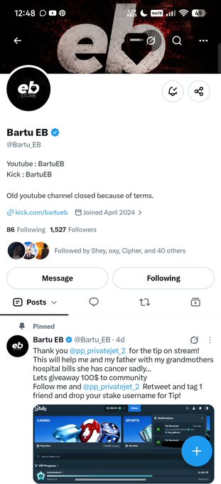 A Twitter/X profile screenshot for 'Bartu EB' (@Bartu_EB) showing their pinned post thanking @pp_privatejet_2 for a stream tip about a cancer diagnosis.