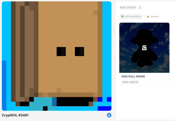 The image shows two NFT collectibles from OpenSea: a pixel-art brown character labeled "CryptKOL #3481" and a dark silhouette against a sky background labeled "GOD PULL #5586" with token ID 0xE0...0826. This relates to the post by @bonfiretreasure, showcasing their minted "TheGodPull" NFT alongside another collection piece.