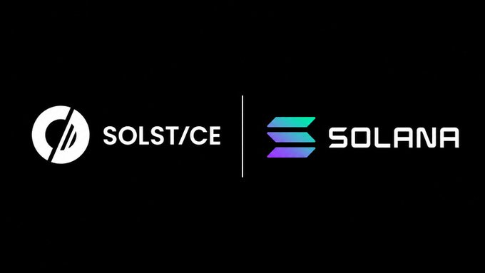 The image displays the Solstice logo alongside the Solana logo, separated by a vertical line on a black background, visually representing the integration of $SLX (Solstice) on the Solana blockchain as mentioned in the post.