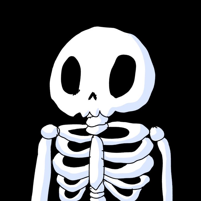 A simple, stylized cartoon drawing of a white skeleton with large black eye sockets and a visible ribcage against a black background.