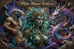 Fantasy artwork for 'Mythic Monster Wednesday' depicting a female figure with green hair and serpentine adornments, a blue griffin-like creature, and a colorful dragon in a mystical setting.