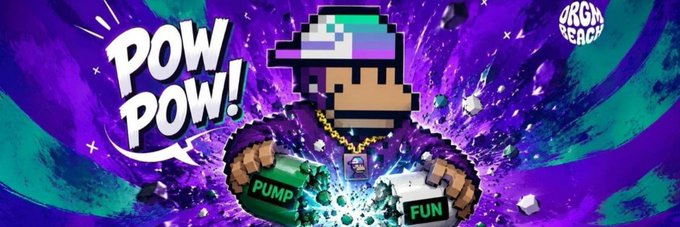 A vibrant purple and teal pixel-art graphic with the text 'POW POW!' featuring a character in a colorful hat holding items labeled 'PUMP' and 'FUN', with 'ORGN PEACE' branding in the corner.