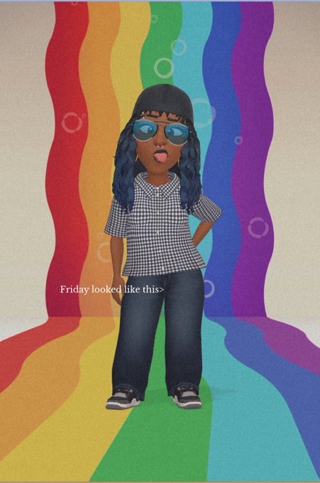 An illustration depicts a young woman in sunglasses, a checkered shirt, and baggy jeans sticking her tongue out against a rainbow background, captioned 'Friday looked like this>'.