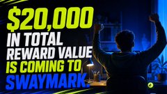 A Waymark advertisement reading '$20,000 IN TOTAL REWARD VALUE IS COMING TO SWAYMARK' featuring a silhouetted figure with raised arms in blue lighting.