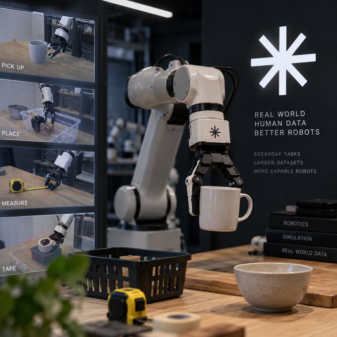 Advertisement featuring a white robotic arm performing tasks like 'PICK UP,' 'PLACE,' 'MEASURE,' and 'TAPE,' with the slogan 'REAL WORLD HUMAN DATA BETTER ROBOTS.'