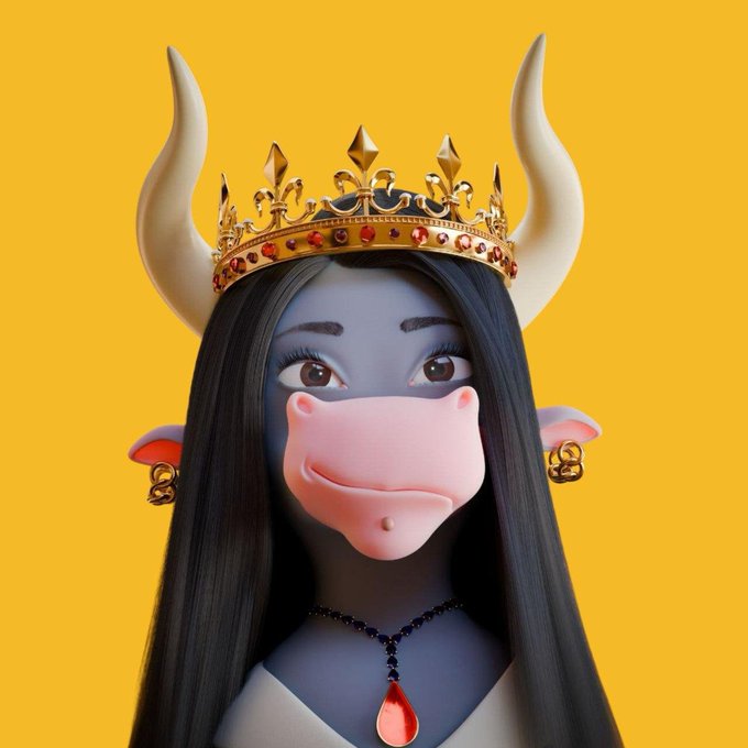 A stylized 3D character of a cow with a pink snout wearing an ornate jeweled gold crown, set against a bright yellow background.