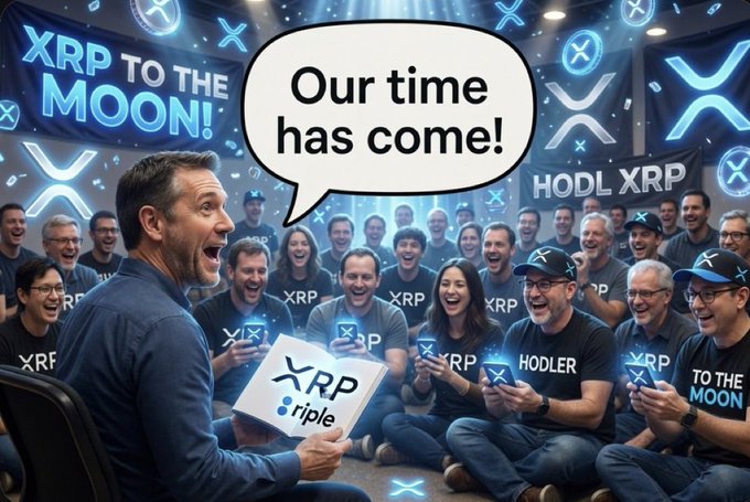 A passionate XRP supporter exclaims "Our time has come!" to an enthusiastic crowd of "HODL XRP" fans, with banners reading "XRP TO THE MOON!" and "TO THE MOON" capturing the bullish sentiment around the $XRP ticker mentioned in the post.
