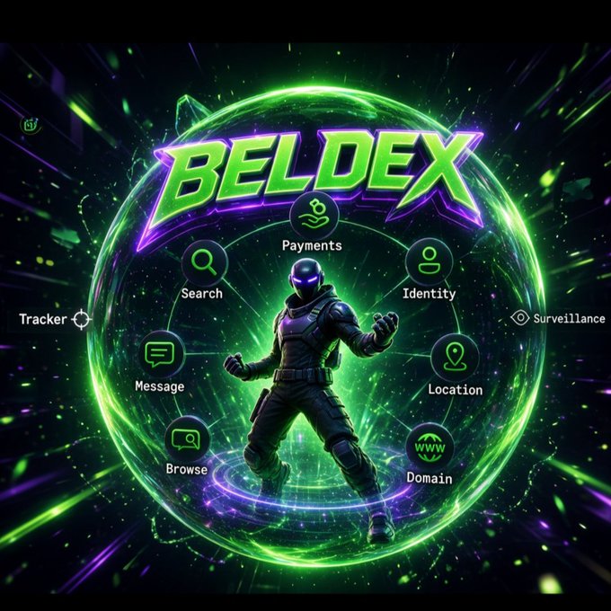 Futuristic promotional graphic for 'BELDEX' featuring a green armored character inside a glowing green energy sphere, surrounded by icons representing Payments, Identity, Location, Domain, Browse, Message, Search, Tracker, and Surveillance.