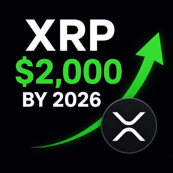 A graphic featuring the text "XRP $2,000 BY 2026" alongside a green upward arrow and the XRP logo on a black background, illustrating the optimistic price prediction from the accompanying post about XRP potentially reaching three digits by 2026.