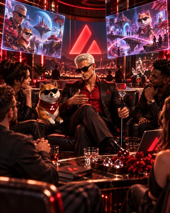 A stylish group sits in a lounge with red ambient lighting, featuring a man in a dark suit and red shirt, a Shiba Inu dog wearing sunglasses and a red bandana, and other guests seated around a table with glasses and a cocktail shaker, while screens in the background display fantasy artwork with a cat character.