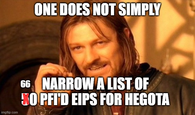 A 'One Does Not Simply' meme featuring Boromir from Lord of the Rings with the text 'ONE DOES NOT SIMPLY NARROW A LIST OF 10 PFI'D EIPS FOR HEGOTA', where '10' is crossed out.