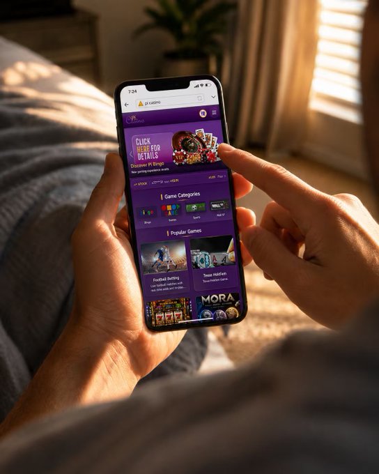 A person is using a smartphone to browse the "casino" section of the Pi Network app, exploring "Game Categories" and "Popular Games" such as "Football Betting" and "Deep Wild Cats" on a purple-themed interface, illustrating the platform's gaming and luck-based entertainment features tied to $Pi.