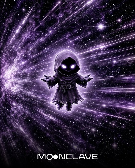 A fantasy-style artwork showing a small hooded figure with glowing purple eyes floating against a cosmic purple and black starry background, branded 'MOONCLAVE' at the bottom.