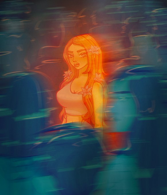 A digital illustration titled "Lost in the Rush" depicts a glowing, golden-haired woman with flowers in her hair, standing serenely amid swirling, blurred teal waves and distorted faces—visually embodying the artwork's theme of being caught between reality and a dream as time blurs around her.