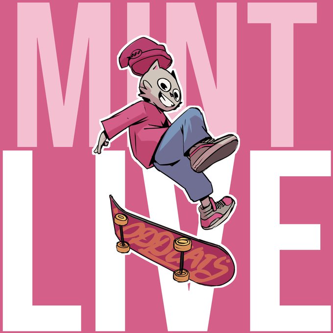 An illustration shows a stylized cat character in a red beanie, pink shirt, and blue pants performing a skateboard trick on a board labeled "ODDALS," set against a pink background with the large text "MINT LIVE." The image ties directly to the post by visually announcing the live minting event for partners and whitelisted members of the Oddals project.