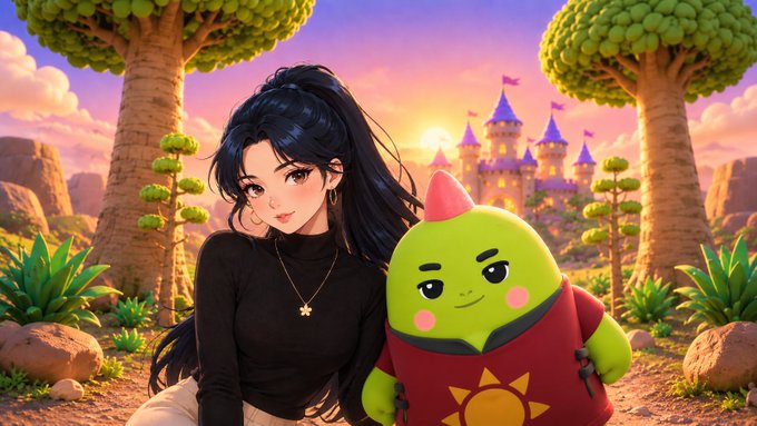 A stylized digital illustration of a dark-haired anime-style girl wearing a black top, sitting next to a small green character with a red outfit and a pink horn, with a fantasy castle and trees in the background.