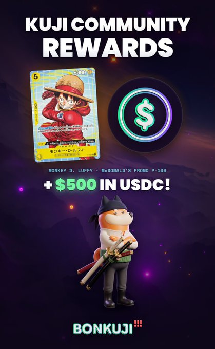 A promotional graphic for 'KUJI COMMUNITY REWARDS' featuring a Monkey D. Luffy McDonald's promo card (P-106) and offering '+ $500 IN USDC!', with the BONKUJI logo and a cat character holding weapons at the bottom.