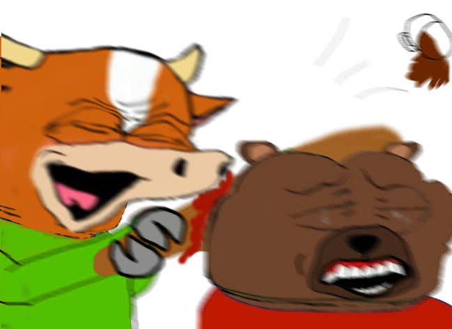 A crudely drawn cartoon shows a fox aggressively biting a bear's face, drawing blood, while the bear grimaces in pain. The violent imagery reflects the post's prediction of a bullish outcome, where rising prices and open interest combined with falling funding rates historically precede a violent short squeeze that punishes bearish positions.