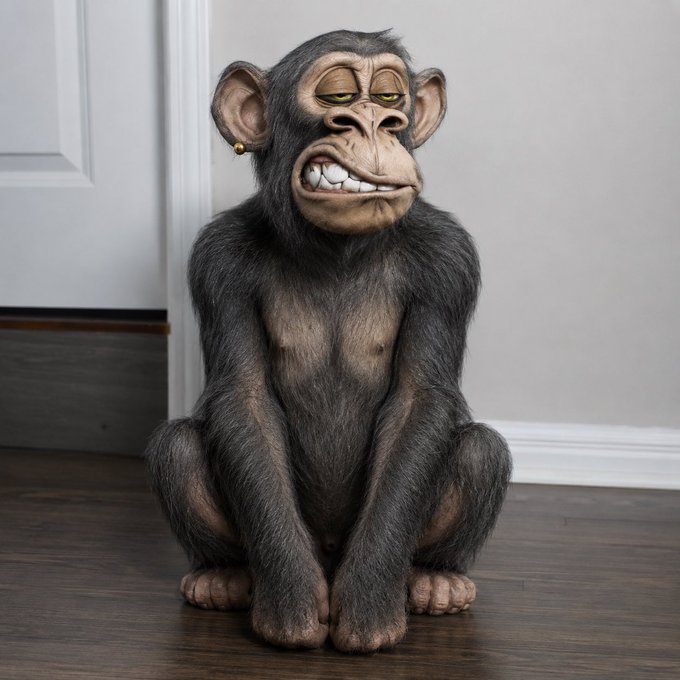 A hyper-realistic chimpanzee figurine with an exaggerated, goofy grin sits on a wooden floor against a white door and wall. The image ties into the post's playful tone, mirroring the "good boy" line with the ape's compliant, smiling posture—capturing the Bored Ape energy referenced in the tweet.