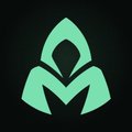 A teal geometric logo resembling a stylized hooded figure or letter "M" is centered on a dark background.