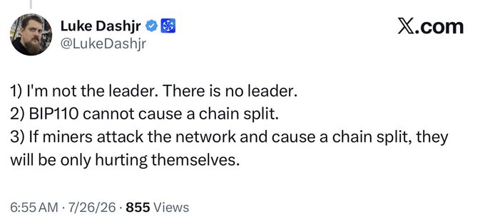 A tweet from Luke Dashjr (@LukeDashjr) dated 7/26/26 stating: '1) I'm not the leader. There is no leader. 2) BIP110 cannot cause a chain split. 3) If miners attack the network and cause a chain split, they will be only hurting themselves.'