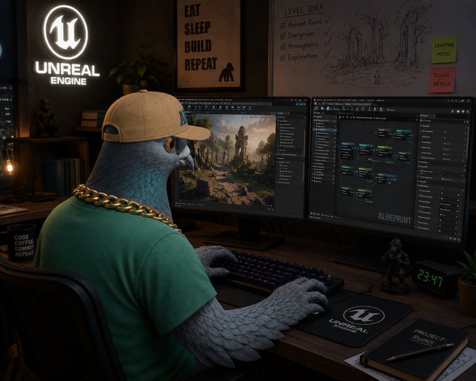 An anthropomorphic pigeon wearing a tan cap and gold chain works intently at a dual-monitor setup running Unreal Engine Blueprint, with a visible digital clock showing 23:47. The image perfectly embodies the "Eat, Sleep, Build, Repeat" mantra displayed on the framed poster above, depicting a dedicated builder deep in late-night Otherside development work.