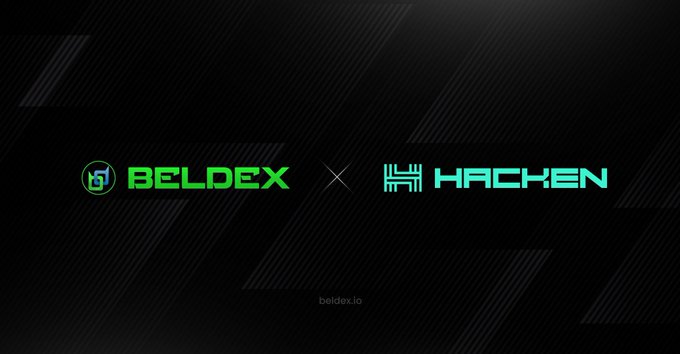 Announcement graphic showing a partnership between Beldex and Hacken with their logos separated by an 'X' on a dark background, with 'beldex.io' at the bottom.