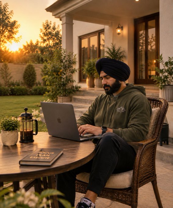 A man wearing a black turban and a green hoodie sits outdoors at a wooden patio table working on a laptop during sunset, with a book titled "FOCUS PLAN EMCOUP" and a French press coffee maker nearby.