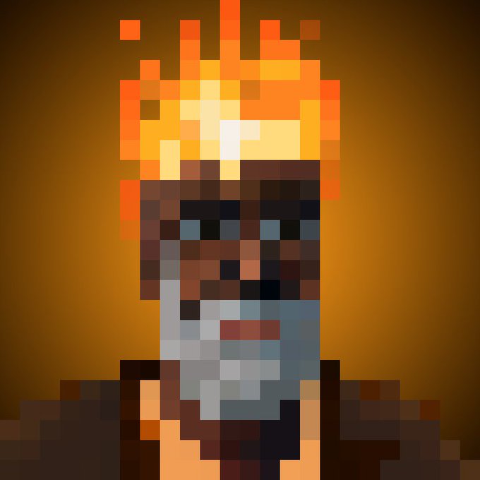 A heavily pixelated portrait of a figure with a beard, red eyes, and orange flames emanating from the top of their head against an orange background.