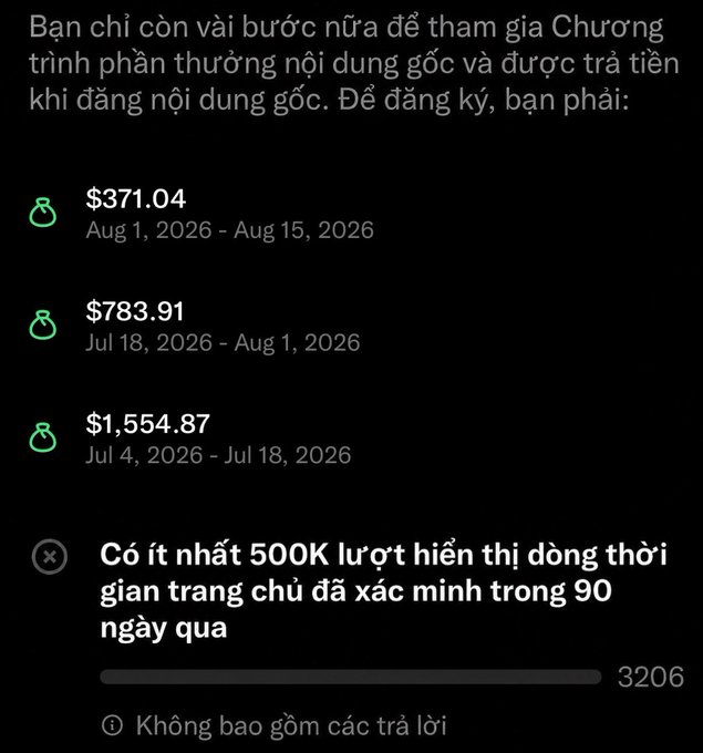 A Vietnamese-language screenshot detailing payment amounts and view requirements, showing earnings like '$371.04' and a threshold of '500K' views in 90 days.