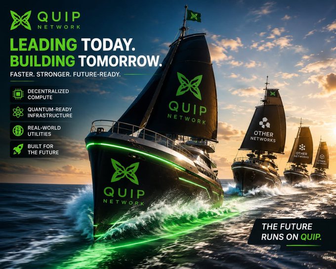 A promotional image for Quip Network features a sleek black sailboat emblazoned with the "QUIP NETWORK" logo and green butterfly emblem, racing ahead of three smaller, distant vessels labeled "OTHER NETWORKS." The graphic includes the tagline "LEADING TODAY. BUILDING TOMORROW" along with bullet points highlighting "DECENTRALIZED COMPUTE," "QUANTUM-READY INFRASTRUCTURE," "REAL-WORLD UTILITIES," and "BUILT FOR THE FUTURE," visually reinforcing the post's message about Quip Network's quantum computing partnership surpassing conventional networks.