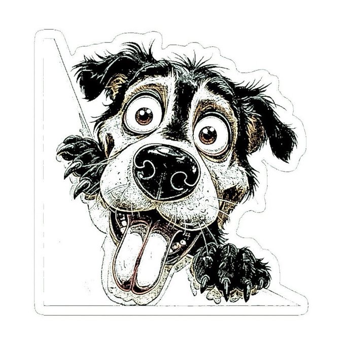 A sticker illustration features an exaggerated, manic-looking black and white dog with wide eyes, its tongue hanging out and claws extended.
