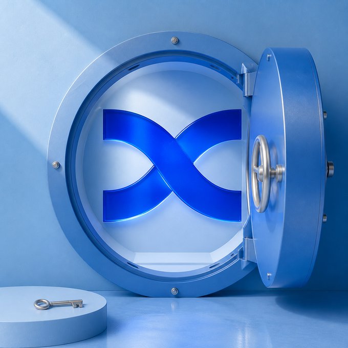 A large metallic vault door stands open, revealing a bold blue XRP logo (the ticker symbol for the cryptocurrency Ripple) glowing inside, with a silver key resting on a pedestal in front. The image visually reinforces the message of "keeping your value in the right place" by depicting XRP as a valuable asset securely stored within a safe.